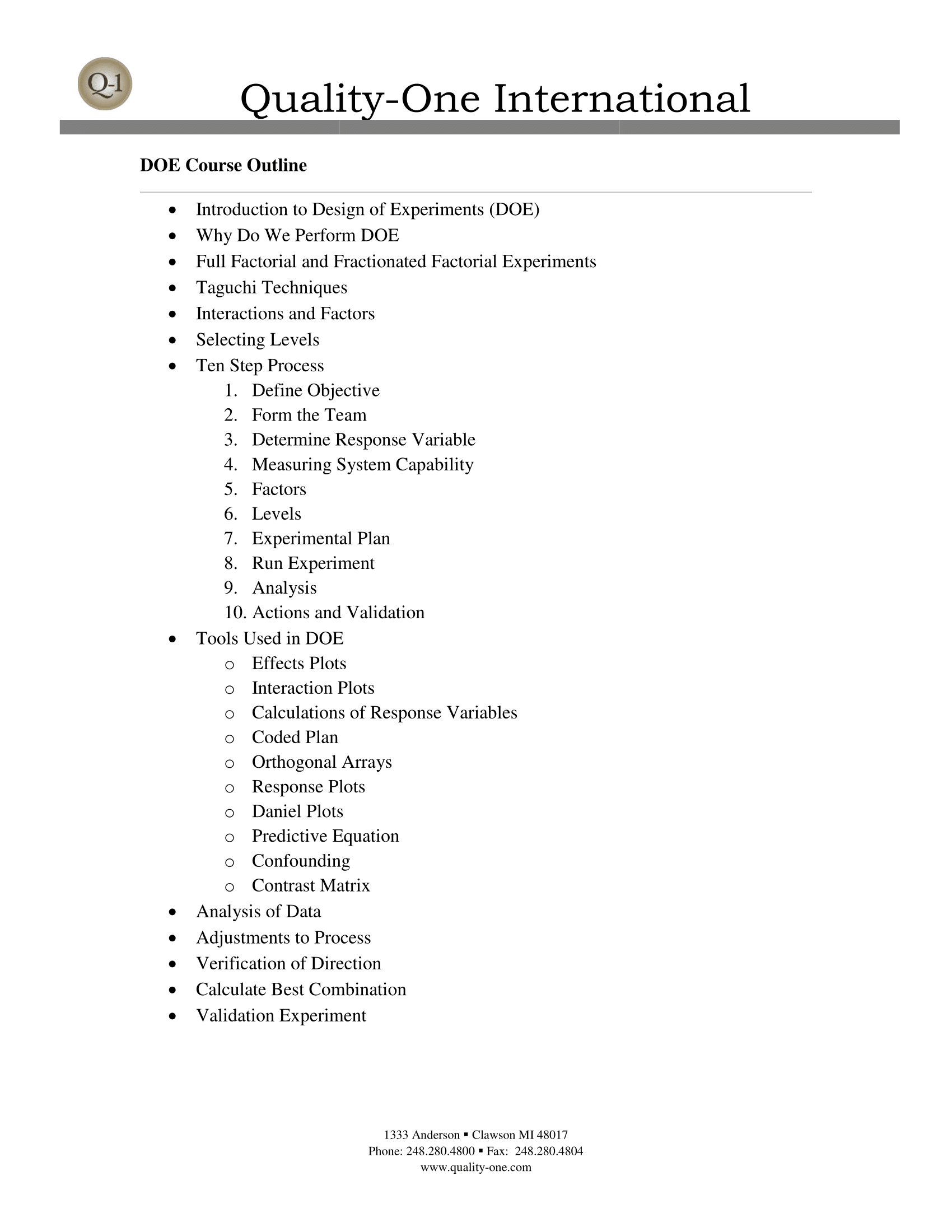 DOE Training Course Outline