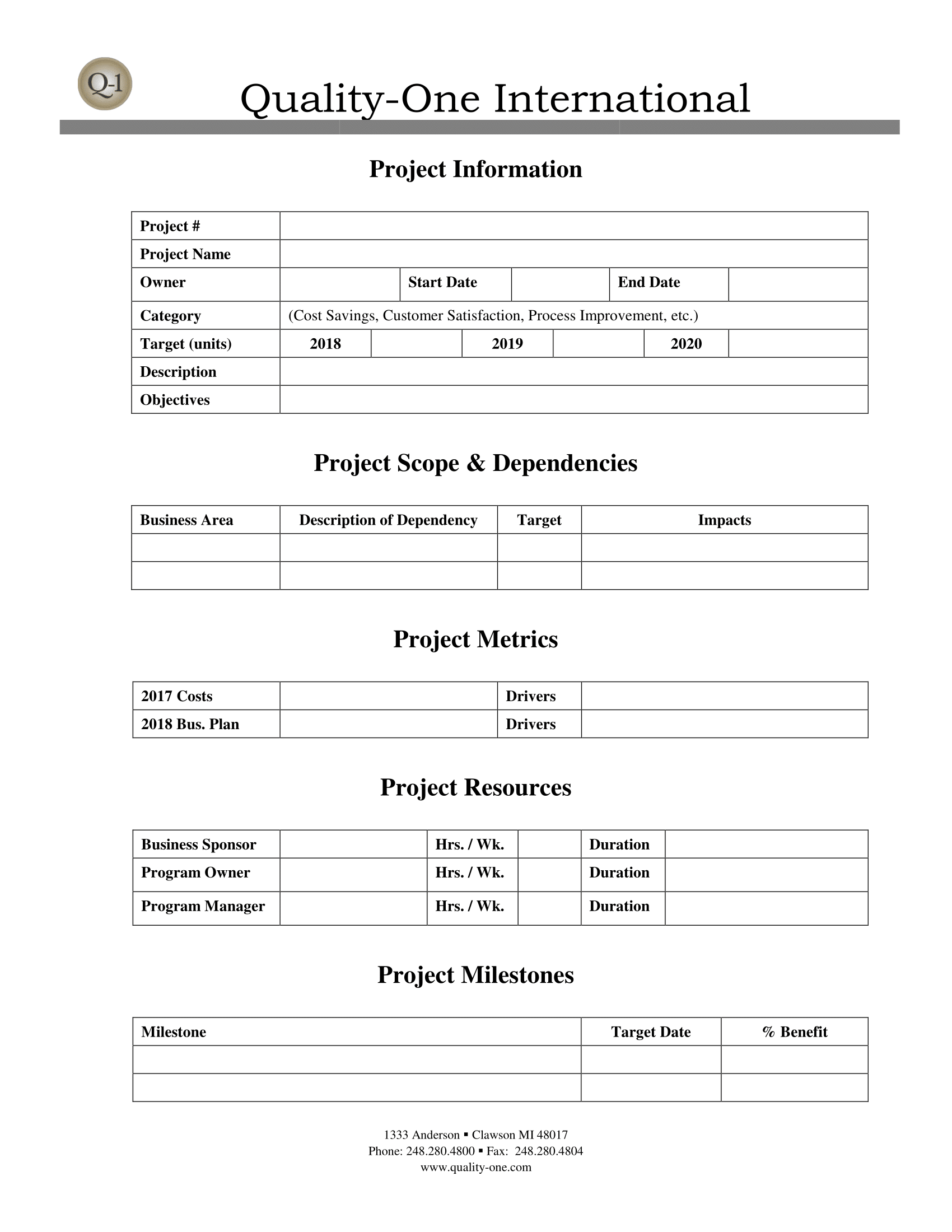 Six Sigma Project Charter Example QualityOne